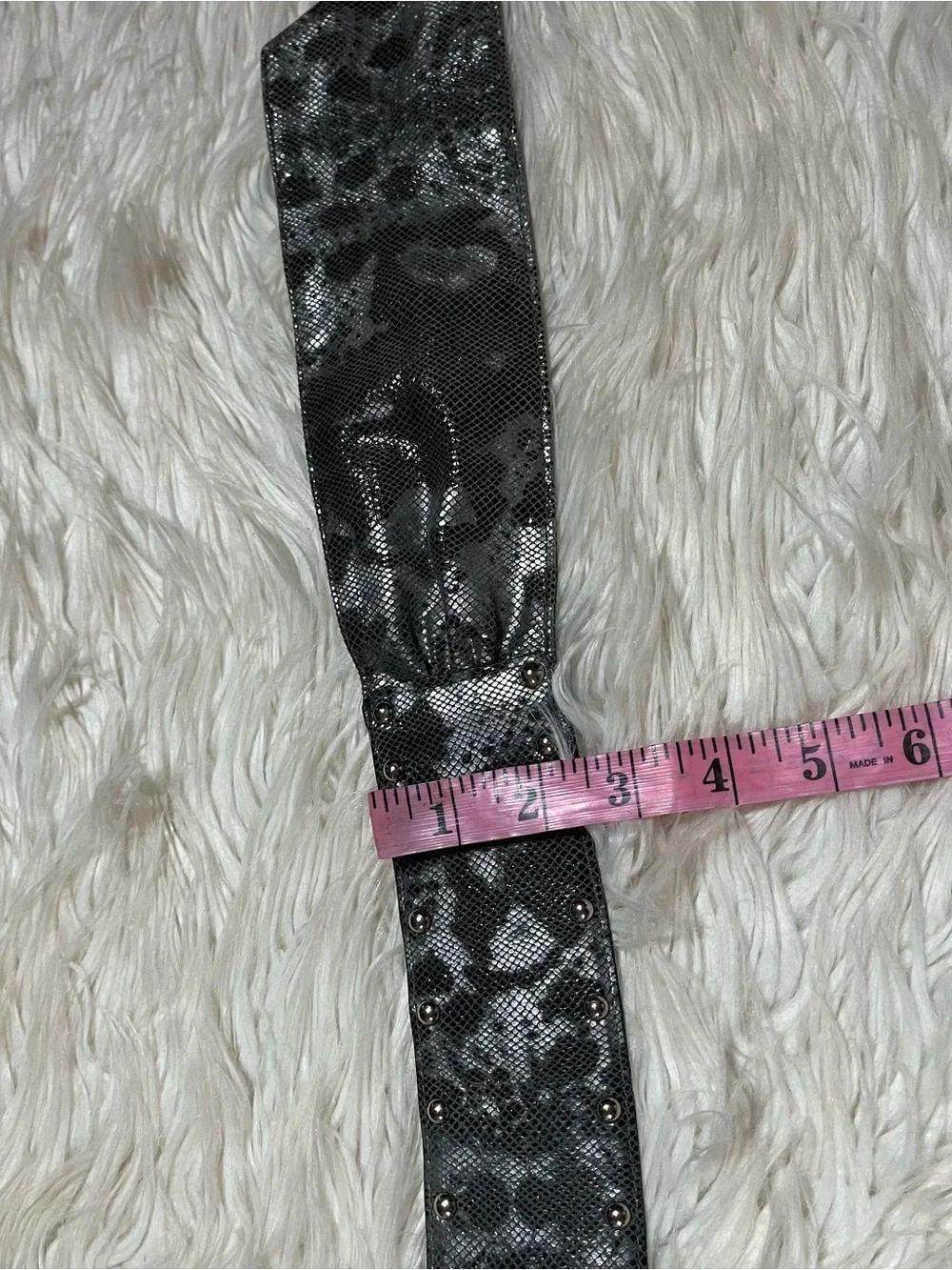 PER SE Vintage Wide Leather Cinch Belt Silver Snakeskin Studded USA Made